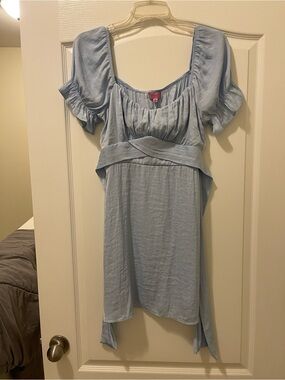 Francesca's Collections Light Blue Puff-Sleeve Square Neck Mini Dress